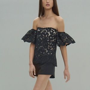 ALEXIS *Valentino* black tan lace off shoulder romantic elegant top blouse S